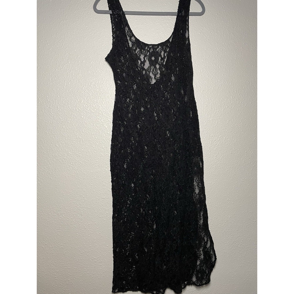 Vintage 80s Black Glam Rock Lace Nightgown Slip Dress Maxi‎ Leg Slit Whimsigoth